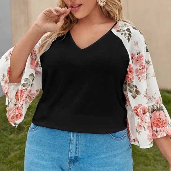 Boho black  V neck floral print sleeve blouse - Picture 14 of 16